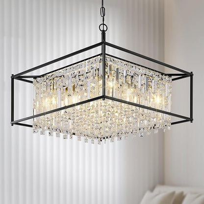 24" Modern Chandeliers for Dining Room,Black Crystal Chandelier, Adjustable Chain Length,5-Light Pendant Light Fixture for Kitchen Island Living Room Entryway Foyer Flat and Inclined Ceiling