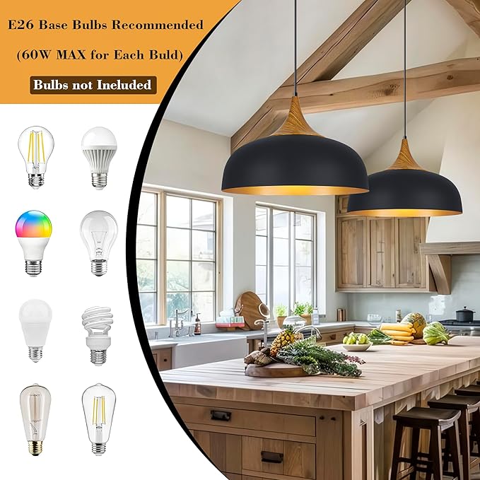 Black Farmhouse Dome Pendant Light 17.7" Large Vintage Pendant Light Fixtures Hanging Wooden Pendant Lighting for Kitchen Island Dining Room Living Room Foyer Hallway