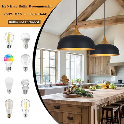 Black Farmhouse Dome Pendant Light 17.7" Large Vintage Pendant Light Fixtures Hanging Wooden Pendant Lighting for Kitchen Island Dining Room Living Room Foyer Hallway