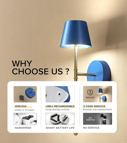 UME Wireless Sconces Set of 2 with Remote, 5200mAh Battery Powered Sconces - Small Rechargeable Sconces w/ 3 Color Temps & 5 brightness levels for Bedroom, Living Room, Wall Painting, Cafe (Blue-gold)