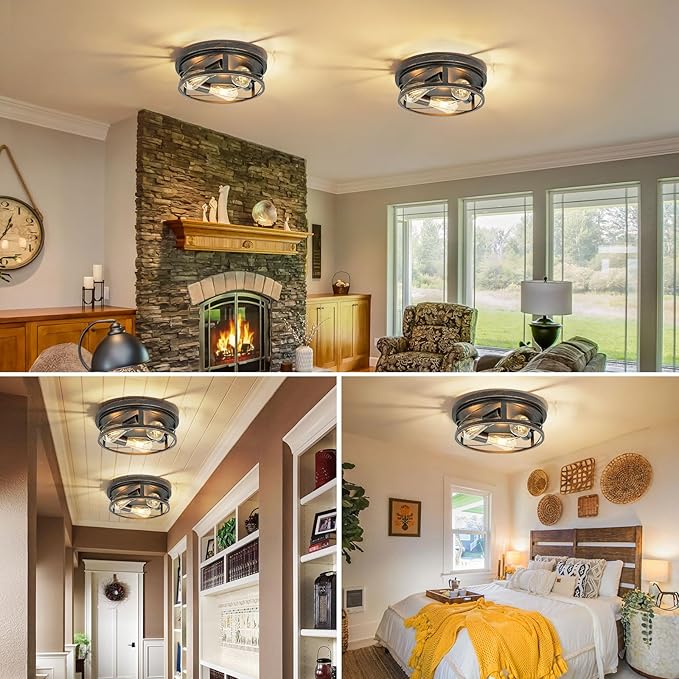 Farmhouse Ceiling Light - Dimmable Rustic Black Flush Mount E26 Industrial Ceiling Modern Led for Hallway Livingroom Kitchen Bedroom (1 Pack - Black Gold, 12 Inch - 3 Lamp Holders)