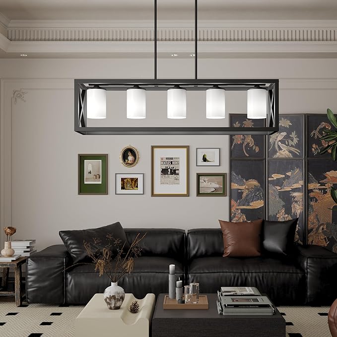 Black White Dining Room Light Fixture - 5 Light Rectangle Light Fixtures with Milk White Glass Shade & Adjustable Height & Thickened Metal Dining Table Lights Fixture Chandeliers for DiningRoom