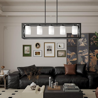 Black White Dining Room Light Fixture - 5 Light Rectangle Light Fixtures with Milk White Glass Shade & Adjustable Height & Thickened Metal Dining Table Lights Fixture Chandeliers for DiningRoom
