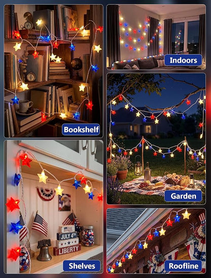 LED Red White Blue Star String Lights Plug in, 8.5Ft 4th of July Decorations Lights with 10 LED Star Light, Hanging Patriotic Outdoor Lights for Independence Day Window Home Patio Party Garden Decor