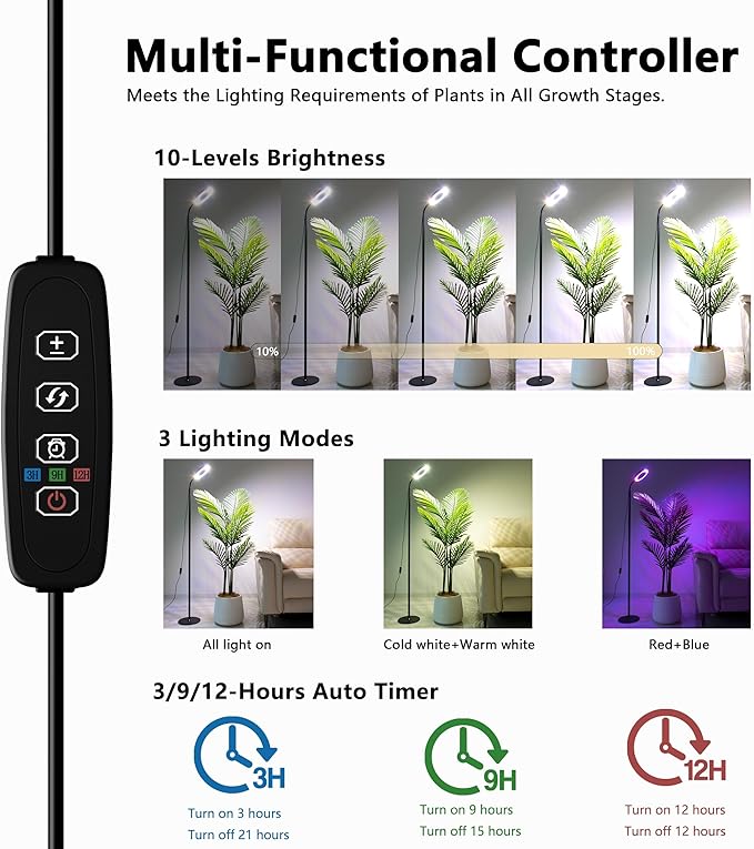 Grow Light for Indoor Plants, Full Spectrum LED Tall Plant Lights with Timer, 3 Color Modes Standing Floor Growing Lamp, 68" Height Adjustable, 10 Dimmable Levels for Large Plants