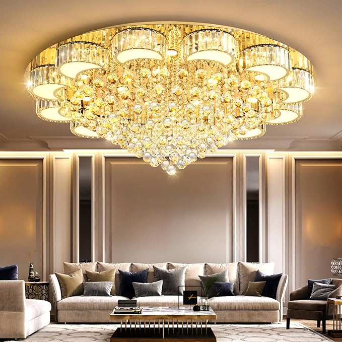 47" Gold Modern Crystal Chandeliers for Dining Room LED Dimmable Light Fixtures Flush Mount Light Living Room Bedrooms