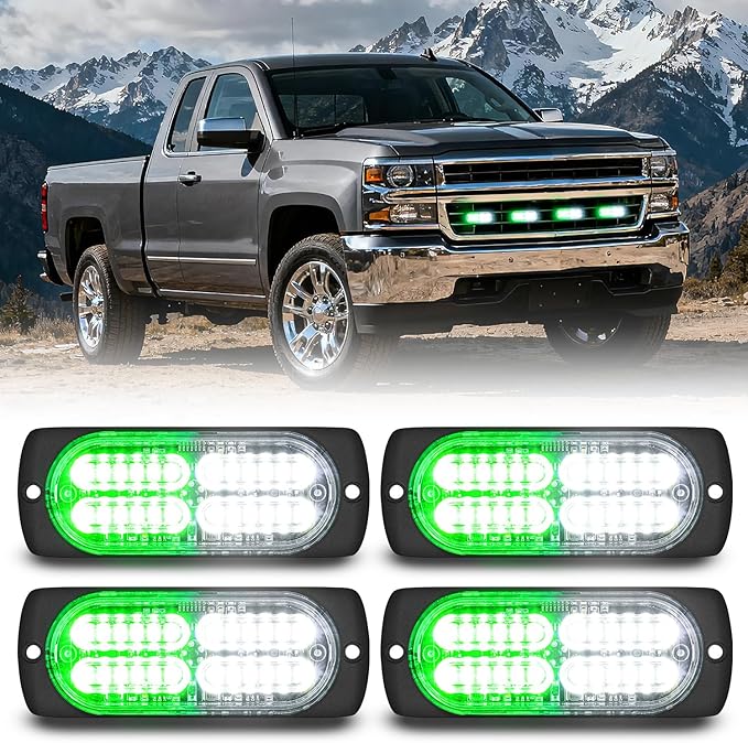 Nilight 4PCS 24LED Emergency Strobe lights 12V 24V Green White Surface Mount Grille Hazard Safety Warning Light Sync Feature Side Flashing Marker Flash for Car Truck Campers