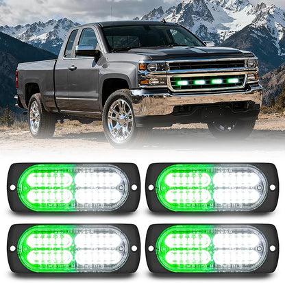 Nilight 4PCS 24LED Emergency Strobe lights 12V 24V Green White Surface Mount Grille Hazard Safety Warning Light Sync Feature Side Flashing Marker Flash for Car Truck Campers