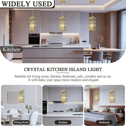 Pendant Lights Kitchen Island, Modern Golden Pendant Light Fixtures, Mini Crystal Chandelier, Adjustable Hanging Lights Fixture for Dinning Room Over Table Bedroom