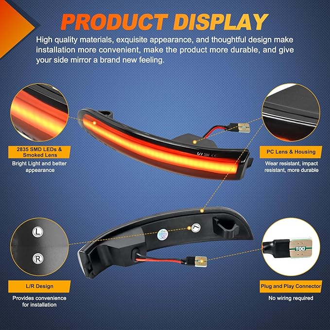 Nilight Side Mirror Marker Light Sequential Amber Left Right Turn Signal Lights Smoked Lens Plug and Play Compatible With 2012-2018 Ford Focus ST RS 2013-2018 Kuga Ecosport