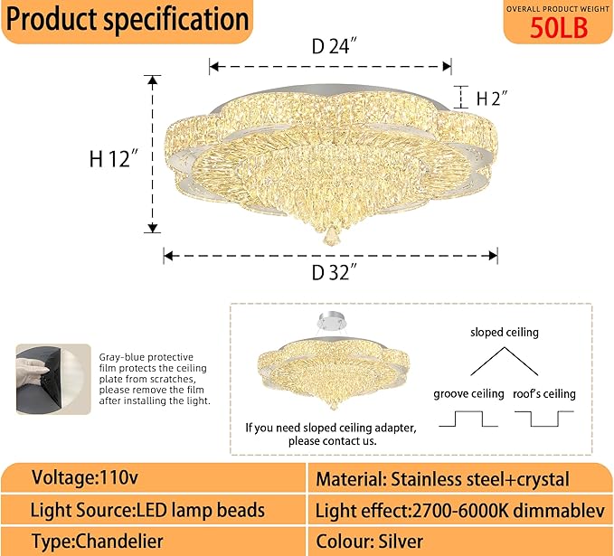 32in Modern Crystal handeliers for Living Room,Large Crystal Chandelier with Remote Control Flush Mount Chandeliers for Bedrooms Dining Room Dimmable 2700K-6000K