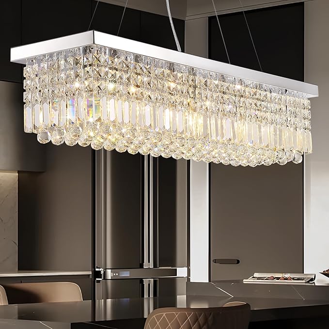 Modern Crystal Chandeliers for Dining Room Kitchen Island Light Fixture, 8-Light Rectangle Chandelier for Living Room, L39.4 Inch, Chrome Finish