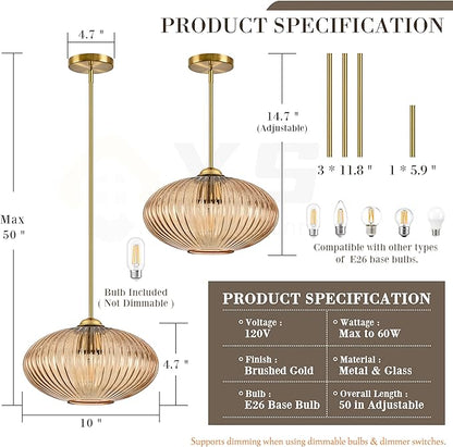 10" Amber Glass Modern Pendant Light Kitchen Island Brushed Gold Mid Century Modern Pendant Lighting with Clear Amber Glass Hanging Pendant Light for Dining Room（Bulb Incl.）