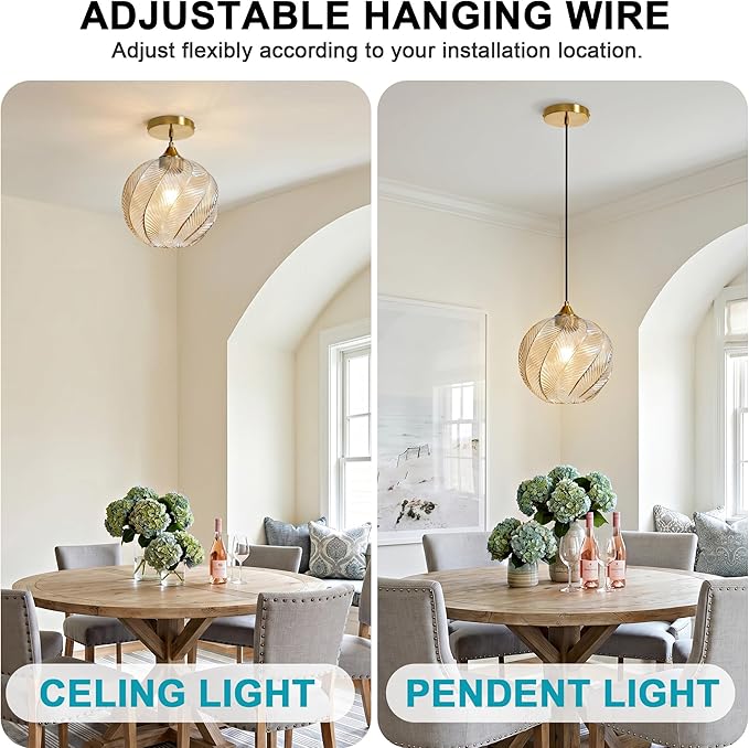 Amber Glass Gold Pendant Light, Farmhouse Kitchen Island Pendant Light Fixture Circular Shade, Adjustable Vintage Hanging Ceiling Light for Dining Room Corridor 1 Pack, UL Certification