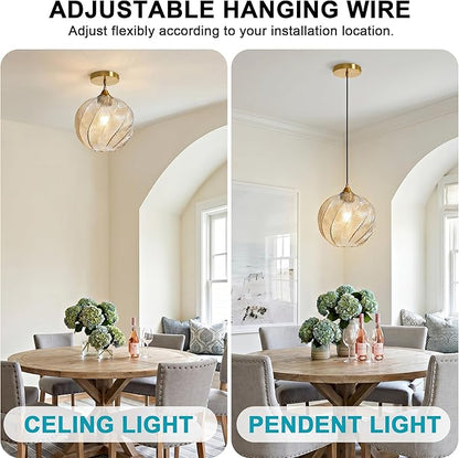 Amber Glass Gold Pendant Light, Farmhouse Kitchen Island Pendant Light Fixture Circular Shade, Adjustable Vintage Hanging Ceiling Light for Dining Room Corridor 1 Pack, UL Certification