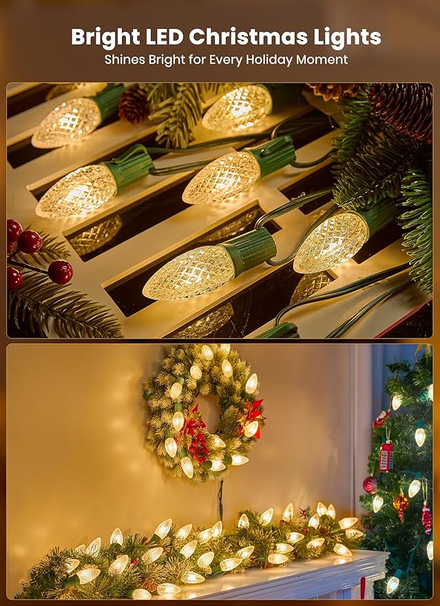 C9 Christmas String Lights Outdoor - 20 LED Pathway Light with Strawberry Shell and Stake Connectable Warm White High Voltage Waterproof for Driveways Xmas Holiday Patio Decoration