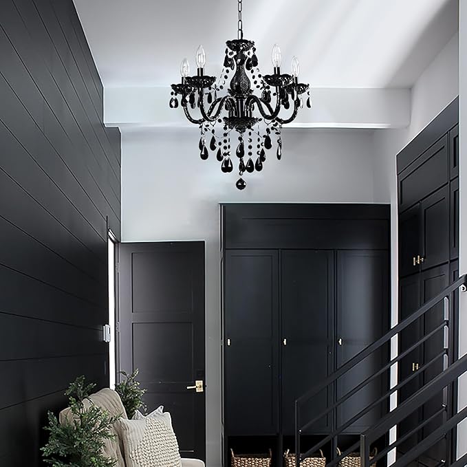 Black Modern 5-Light Crystal Chandelier Acrylic Hanging Pendant Light with Plug-in Cord & Switch, 19x19.7 Inch for Kitchen Island Dining Room Bedroom Decor