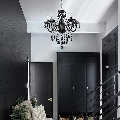 Black Modern 5-Light Crystal Chandelier Acrylic Hanging Pendant Light with Plug-in Cord & Switch, 19x19.7 Inch for Kitchen Island Dining Room Bedroom Decor