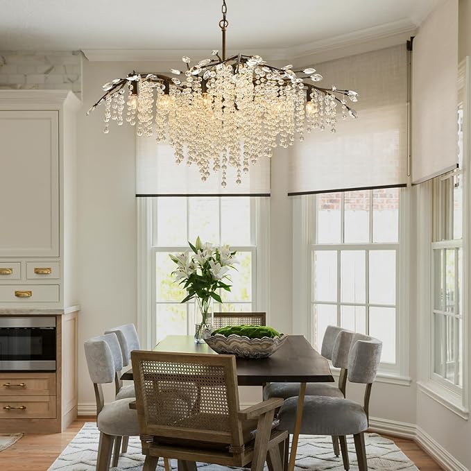 Vezzio Large Modern Farmhouse Luxury Crystal Chandelier - Antique Bronze Vintage Tree Branch Light Fixture, 12-Light for Dining Table, Living Room, Kitchen, Entryway & Foyer, Adjustable Hanging 42"