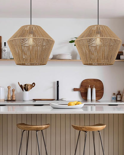 ELYONA 17” Woven Pendant Light, Modern Boho Chandelier Handwoven Rattan Basket Shade, Rustic Pendant Light Fixtures Farmhouse Ceiling Hanging Lamp for Dining Room, Kitchen Bedroom, Entryway, Foyer