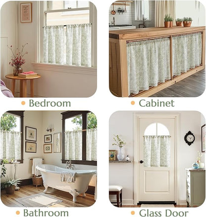 jinchan Floral Kitchen Curtains for Windows 30 Inch Farmhouse Linen Blend Tier Curtains Light Filtering Botanic Small Window Drapes for Bedroom Living Room Rod Pocket 2 Panels Sage Green on Beige