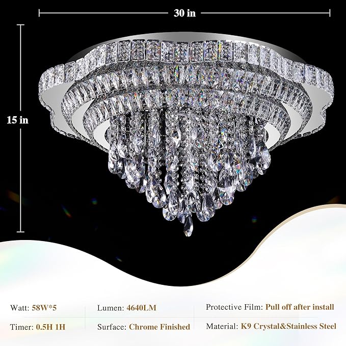 Silver 30" Modern Flush Mount Chandelier for Living Room, LED Crystal Ceiling Light for Bedroom,Elegant Dining Room Lighting Fixture with Remote Control, 3CCT Dimmable