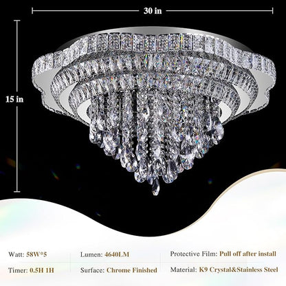 Silver 30" Modern Flush Mount Chandelier for Living Room, LED Crystal Ceiling Light for Bedroom,Elegant Dining Room Lighting Fixture with Remote Control, 3CCT Dimmable