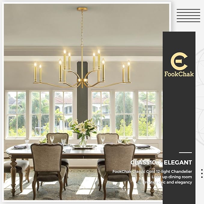 12 Light Gold Living Room Chandelier High Ceiling Foyer Candle Chandelier Large Modern Brass 44in Metal Chandeliers Hanging Light for Master Bedroom Dining Room Light Fixture Over Table