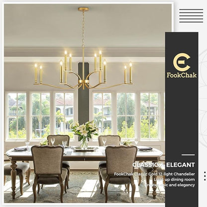 12 Light Gold Living Room Chandelier High Ceiling Foyer Candle Chandelier Large Modern Brass 44in Metal Chandeliers Hanging Light for Master Bedroom Dining Room Light Fixture Over Table