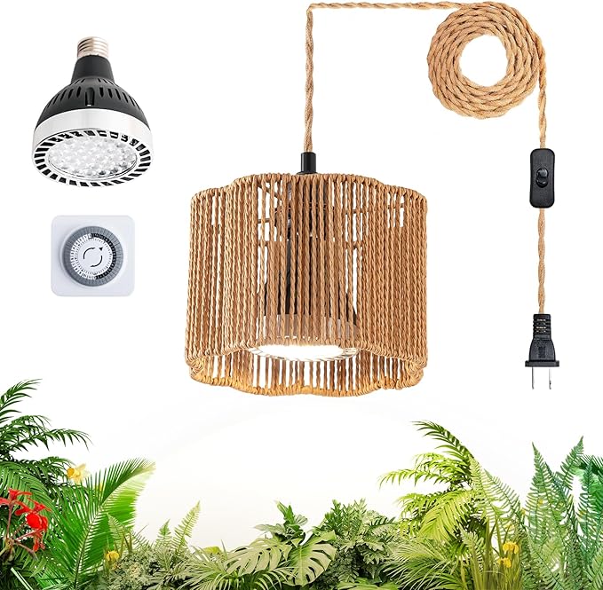 Hanging Grow Light for Indoor Plants, 30W 4000K Full Spectrum LED Pendant with Timer, Hand-Woven Shade, 15FT Cord, Kit for Flowering Plants, Pothos, Kitchen Office