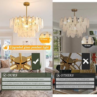 KELUOLY Modern Large Gold Chandeliers, D31.4 Inch Creative Cloud Glass Pendant Ceiling Fixture Lamp, 3 Tier Round Crystal Glass Chandelier, 12-Light for Living Room Bedroom Dining Room Entryway (E12)