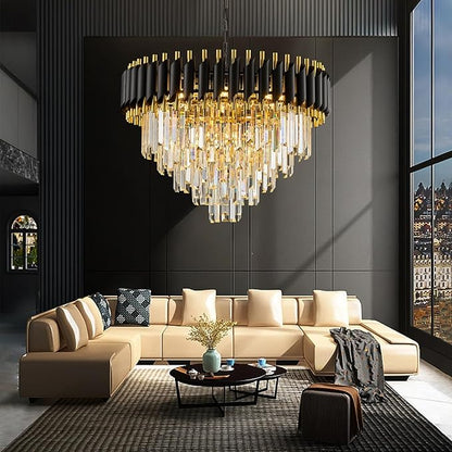 24" Black and Gold Crystal Chandelier Contemporary Large Crystals Chandeliers 5-Tier K9 Crystal Pendant Lamp 8-Light for Dinning Room Living Room Entryway Staircase