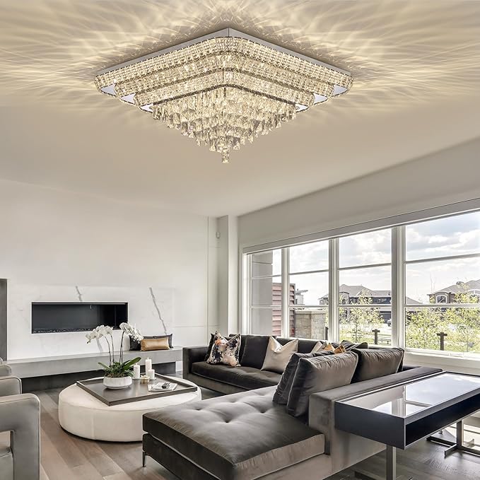 Miuyhji Elegant LED Crystal Raindrop Ceiling Light, 30 Inch Square Flush Mount Chandelier with Remote for Living Room Kitchen Island Bedroom Hallway Entryway Foyer (Dimmable)