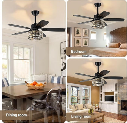 Chandelier Ceiling Fans with Lights and Remote,Caged Ceiling Fan with Light,App 5 Blades E26 Fandelier Ceiling Fans with Lights,Crystal Ceiling Fan for Bedroom,Living Room. (Black, 42 Inch)