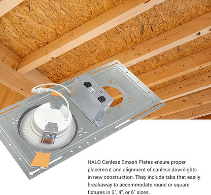 HALO RL 6 in Canless LED Recessed Lights 4-Pack, CCT Select, Dimmable, Wet Location Downlights with Smash Plates for New Construction Ceiling Installation - RLDM6-SP-4PK