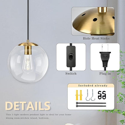 KoKo&Yukina 10" Globe Pendant Light Gold Plug in Pendant Light Adjustable Hanging Lights with Plug in Cord Brushed Gold Finished with Clear Glass Lampshade for Bedroom Kitchen Island（Bulb Included）