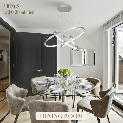 Modern Silver LED Chandeliers 3 Rings Chandelier 23.6" Dimmable LED Pendant Light Fixture Remote Control Contemporary Flush Mount Chandelier for Dining Room Bedroom Foyer, 3000-6500K