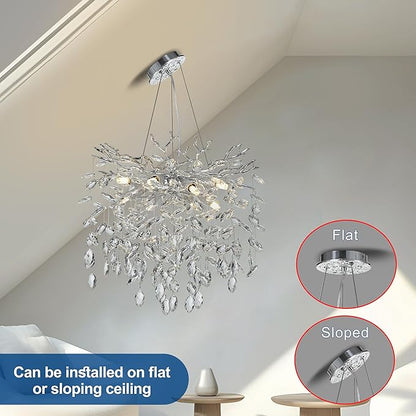 Modern Crystal Tree Branches Chandelier, 18in Silver 6 Lights Large Ceiling Hanging Light for Dining Room, Round Raindrop Pendant Light Fixture