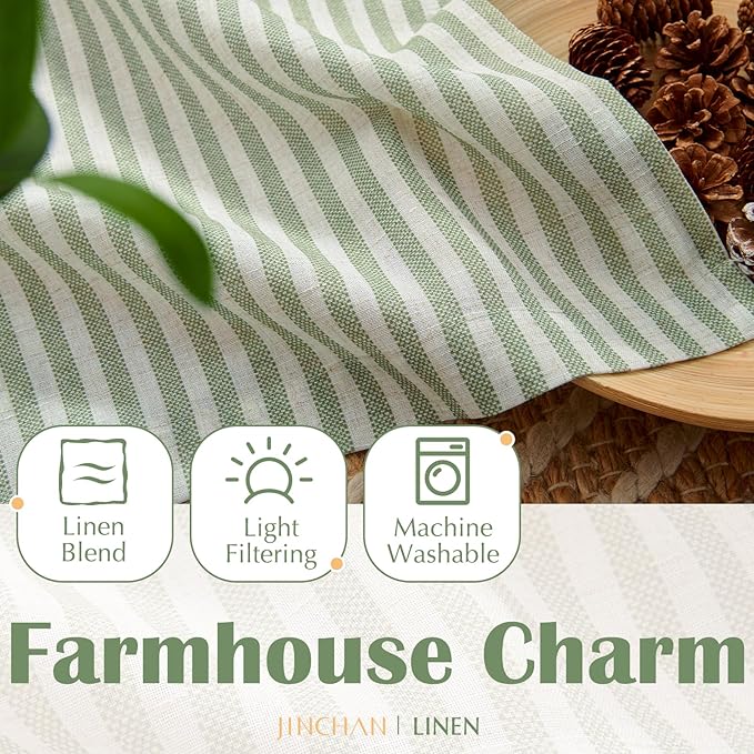 jinchan Striped Linen Kitchen Curtains 24 Inches Length Tier Curtains Farmhouse Modern Cafe Style Small Window Treatments Airy Light Filtering Rod Pocket for Living Room Bathroom 2 Panels Sage Green