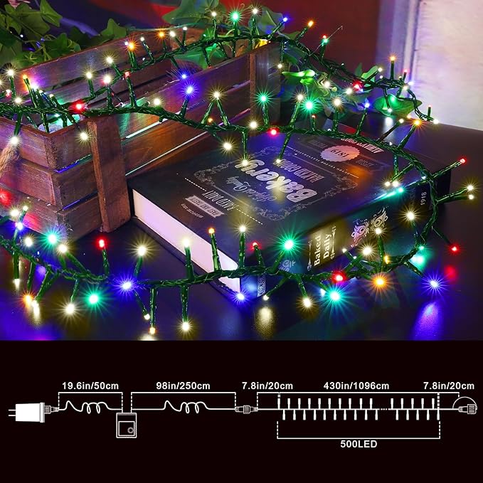 LAMPHOME Color Changing String Lights, 500 LED Warm White & Multicolor Christmas Lights Plug in, 10 Modes Timer LED Fairy Lights, Waterproof Christmas Lights Outdoor for Xmas Tree Party Bedroom Decor