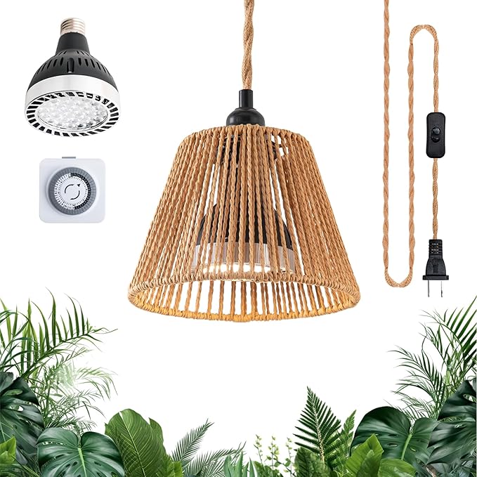 Hanging Grow Light for Indoor Plants, 30W 4000K Full Spectrum LED Pendant with Timer, Hand-Woven Shade, 15FT Cord, Kit for Seedlings, Succulents, Bright Living Rooms