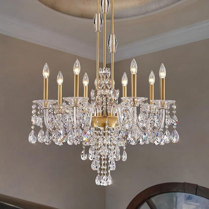 8-Light Crystal Candle Chandelier, Brass Gold Chandelier for Dining Room, Entryway & Living Room, Adjustable Height, E12 Base
