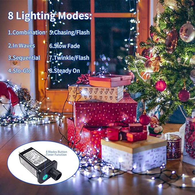 JMEXSUSS 200 LED White Christmas Lights Outdoor, 66ft Christmas Tree Lights Green Wire, 8 Modes Waterproof Twinkle String Lights Plug in for Xmas Wedding Party Indoor Decoration