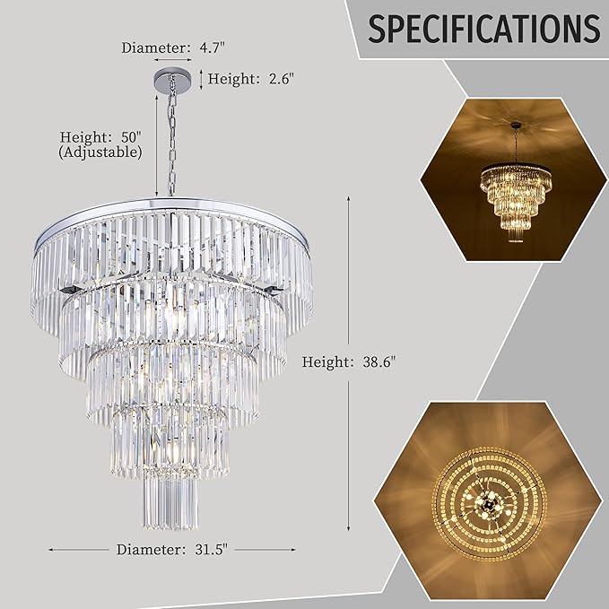 TOCHIC Large Crystal Chandelier 31.5 inch, 5-Tier Round Modern Chrome Crystal Chandeliers, Raindrop K9 High Ceiling Light for Living Room,Staircase, Entryway, Dining Room, Foyer
