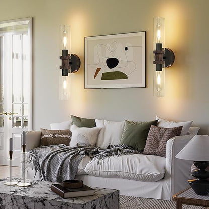 10000mAh Battery Operated Wall Sconce Set of 2, Black & Walnut Rechargeable Wall Sconces, Modern Cordless Wall Lights with Remote Control, Dimmable for Living Room, Bedroom, Hallway, Entryway 3000K