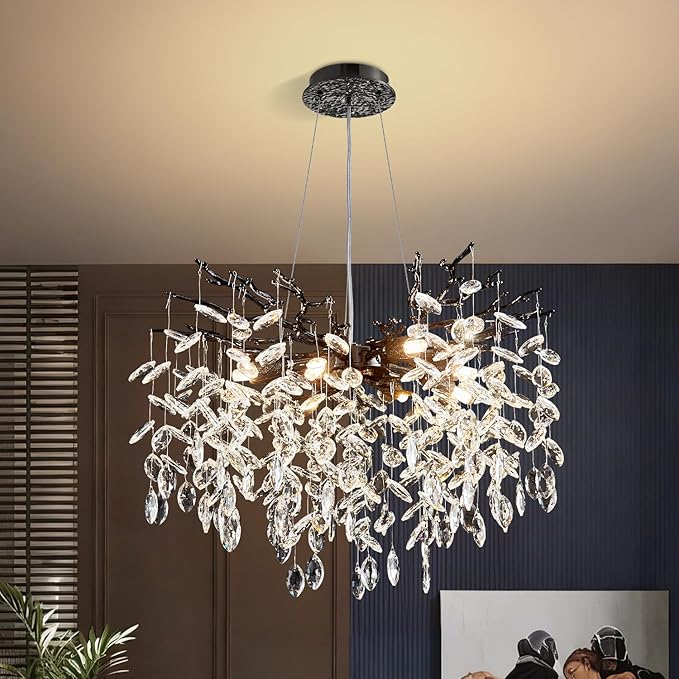 Modern Tree Branch Crystal Chandelier 23.6" Black Luxury Large Pendant Lighting 8-Light Contemporary K9 Crystal Chandeliers for Dining Room Kitchen Living Room Foyer Entryway (Black, D23.6"-Round)