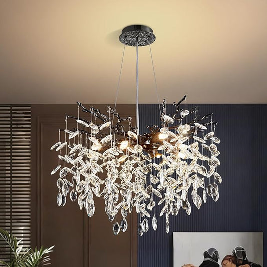 Modern Tree Branch Crystal Chandelier 23.6" Black Luxury Large Pendant Lighting 8-Light Contemporary K9 Crystal Chandeliers for Dining Room Kitchen Living Room Foyer Entryway (Black, D23.6"-Round)