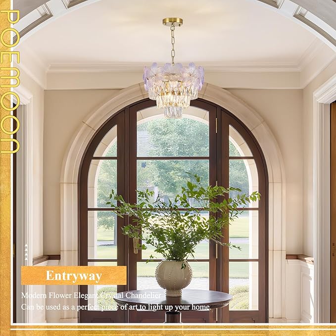 Modern Purple Flower Elegant Chandeliers 3-Lights 14" K9 Crystal Luxury Gold Chandelier Lighting 4 Tiers Small Ceiling Pendant Light Fixture for Dining Room Kitchen Island Entryway Bedroom