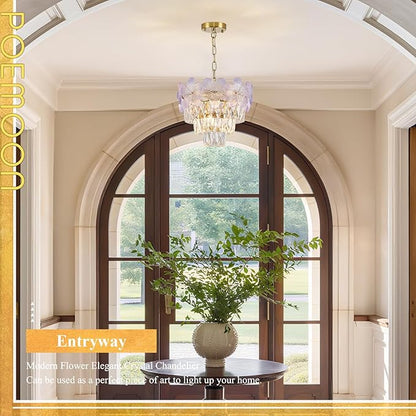 Modern Purple Flower Elegant Chandeliers 3-Lights 14" K9 Crystal Luxury Gold Chandelier Lighting 4 Tiers Small Ceiling Pendant Light Fixture for Dining Room Kitchen Island Entryway Bedroom