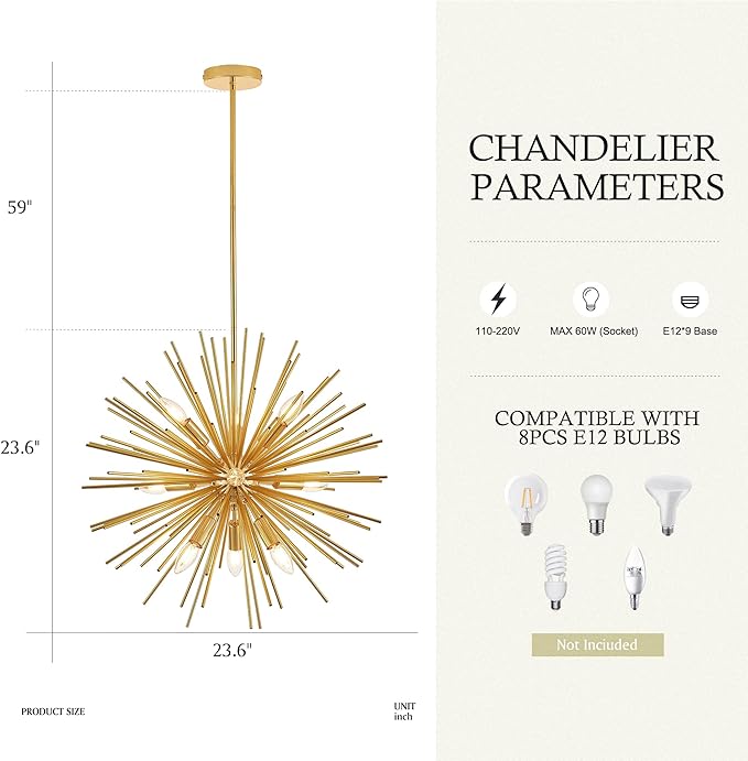 24" Gold Sputnik Chandelier 9-Light, Mid Century Modern Starburst Ceiling Light with Adjustable Chain, Industrial Globe Pendant Light Fixture for Dining Room Kitchen Island Living Room Foyer Entryway